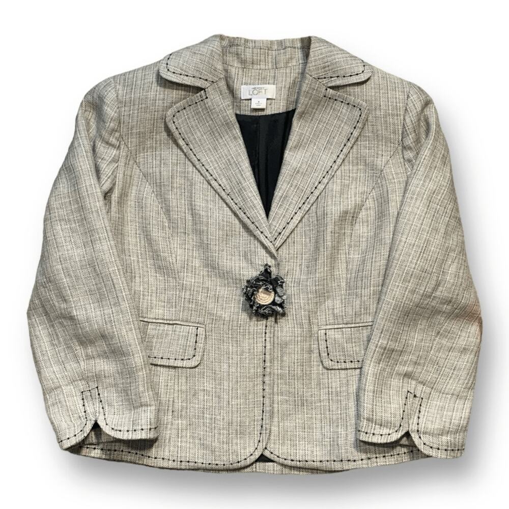 LOFT Blazer Jacket Tan Plaid Black Tailored Topstitching Folk Art Floral Button